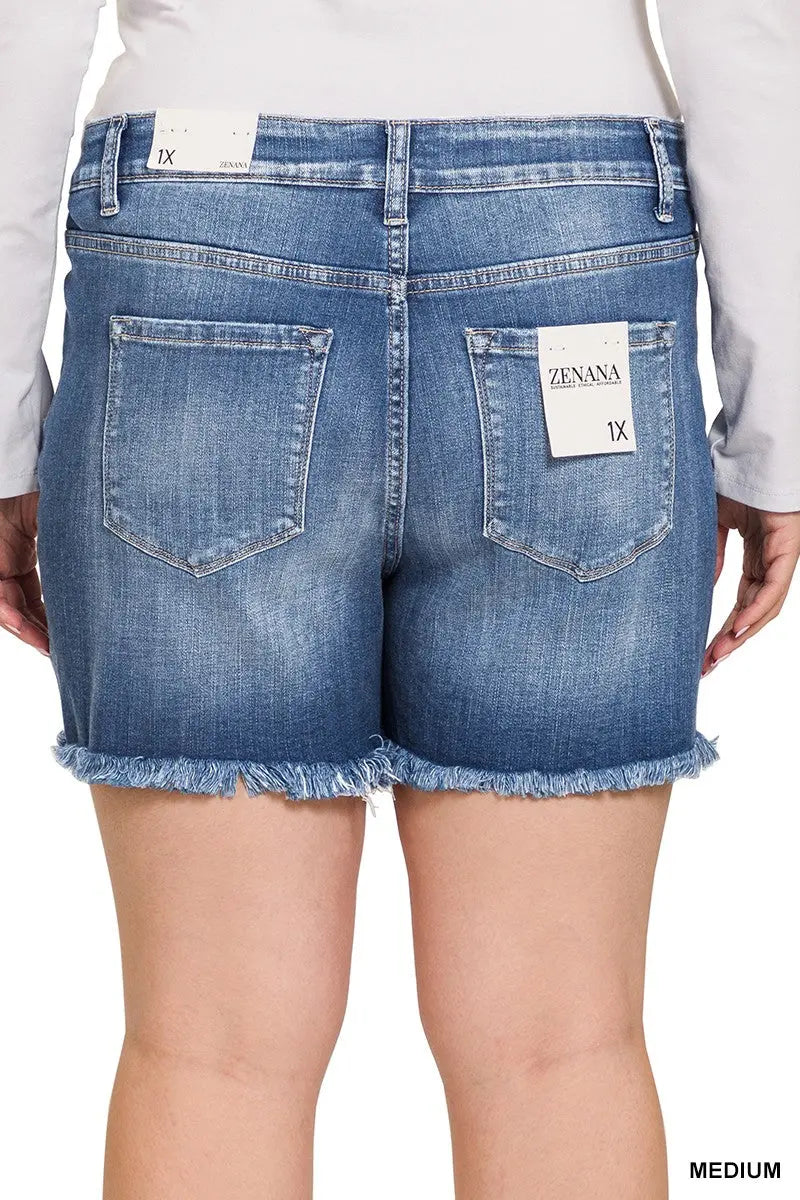 PLUS, MID RISE RAW FRAYED HEM DENIM SHORTS zenana