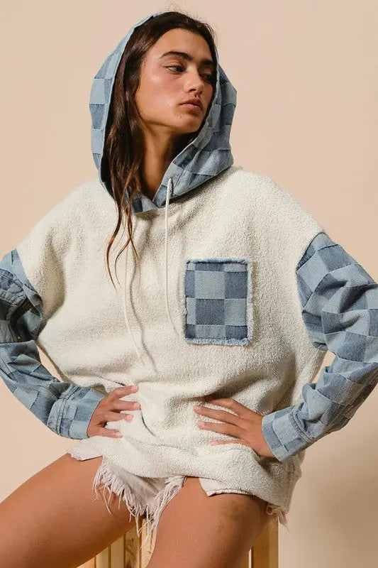 LOOP TERRY WASHED CHECKER DENIM HOODED PULLOVER BIBI