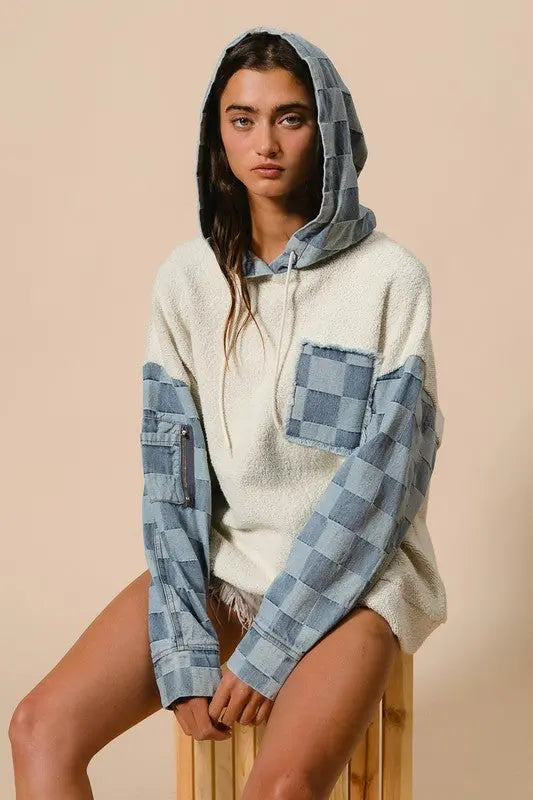 LOOP TERRY WASHED CHECKER DENIM HOODED PULLOVER BIBI