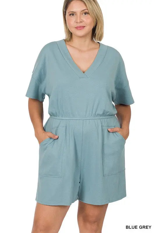 PLUS DROP SHOULDER V-NECK ROMPER WITH POCKETS zenana