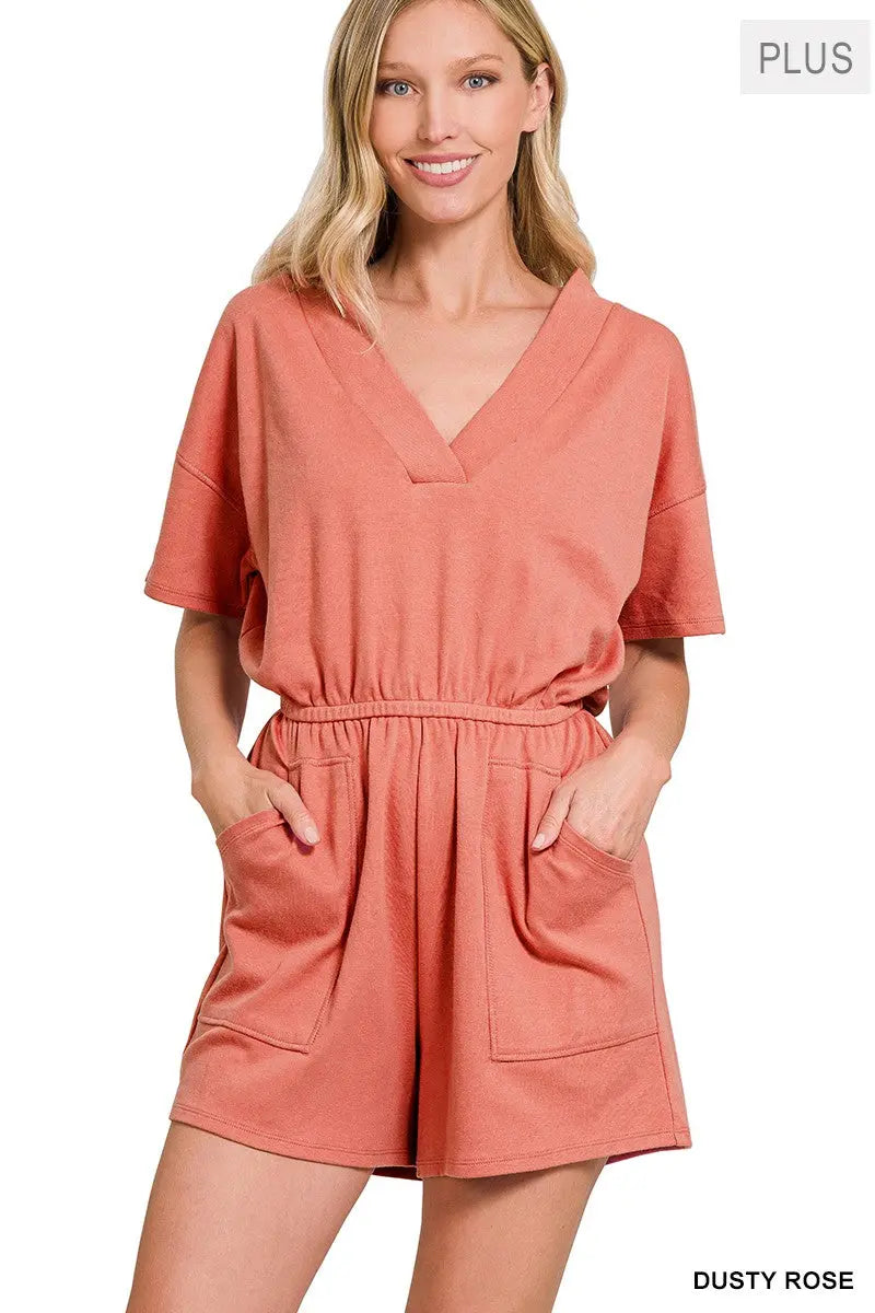 PLUS DROP SHOULDER V-NECK ROMPER WITH POCKETS zenana