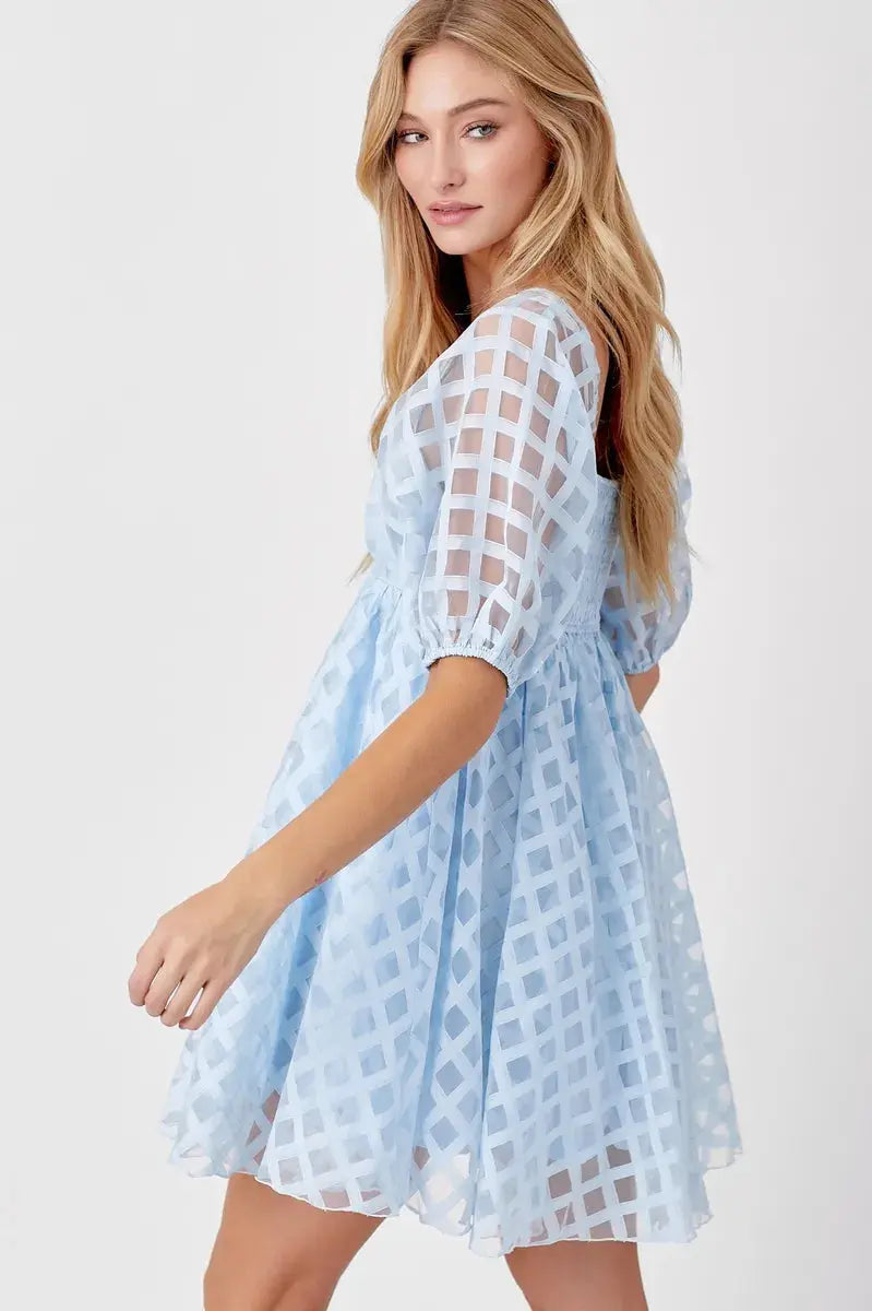 Baevely Baby Blue Checkered Puff Sleeve Mini Dress