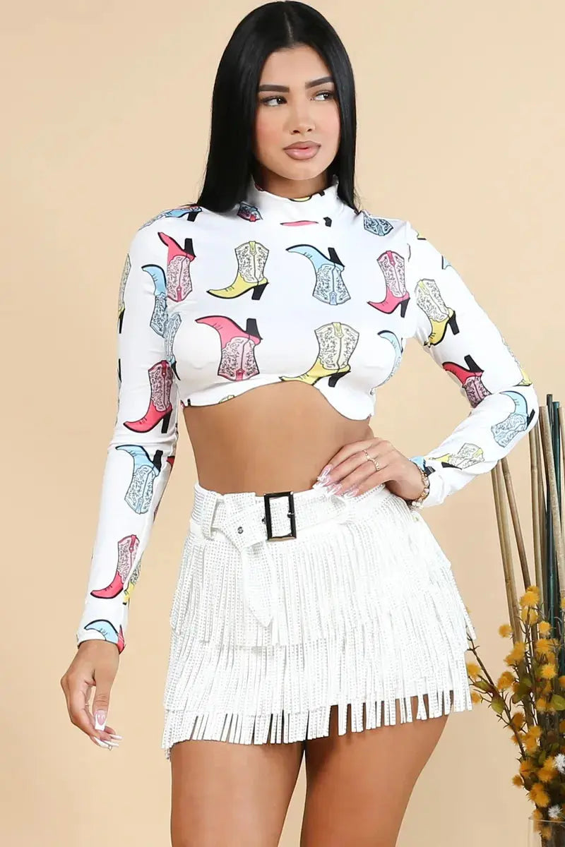 Cowboy Boots & Hats Print Mock Neck Crop Top