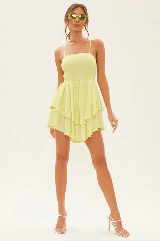 Women Yellow Sleeveless Flowy Ruffle Detailed Mini Dress