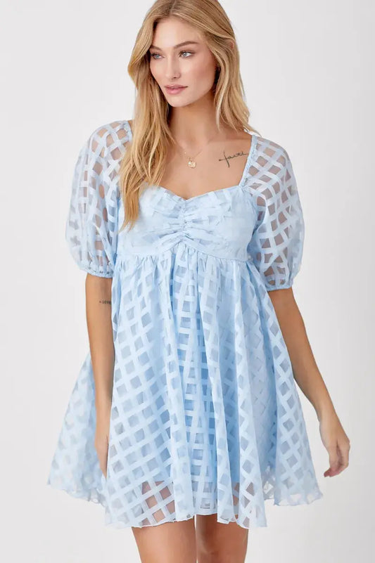 Baevely Baby Blue Checkered Puff Sleeve Mini Dress