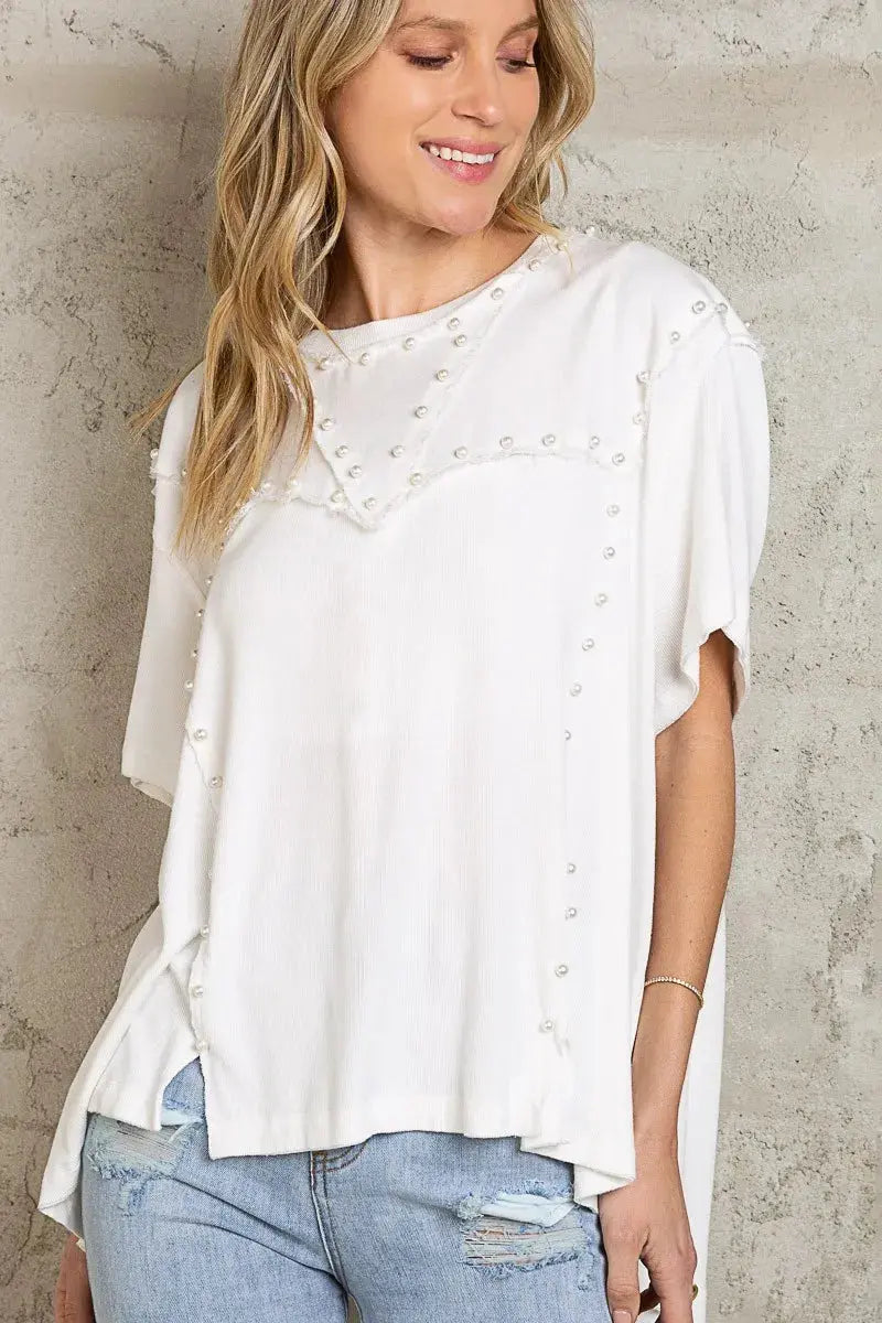 Women’s Oversize Half Sleeve Pearl Detail Ribbed Top