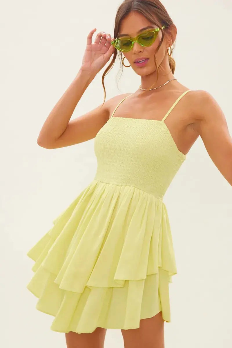 Women Yellow Sleeveless Flowy Ruffle Detailed Mini Dress