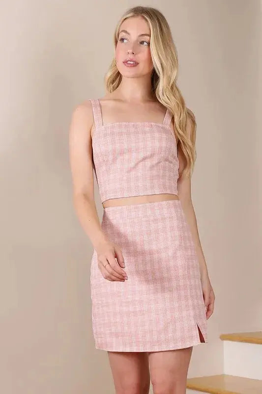 Checkered Pattern Square Neck Sleeveless Crop Top & Skirt Set