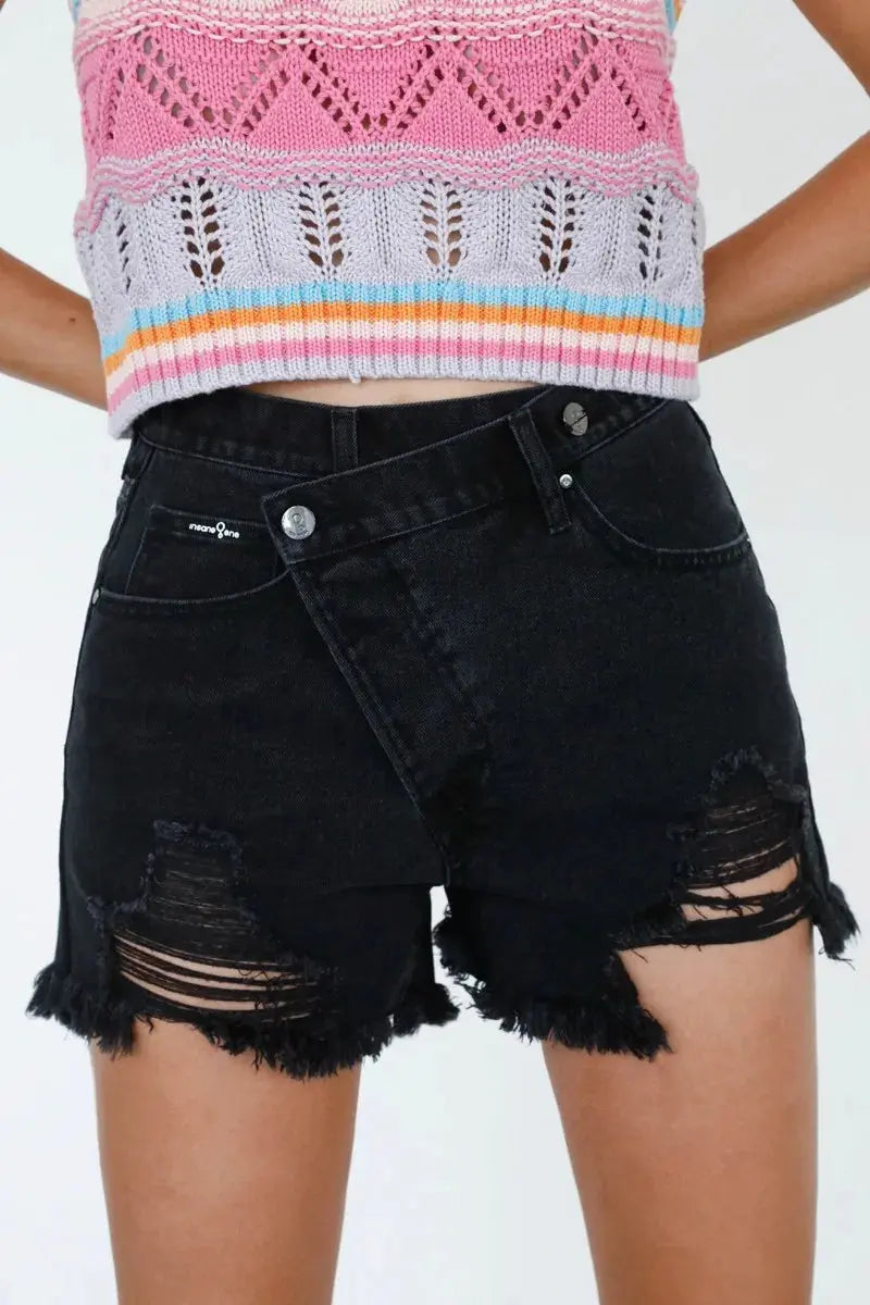 Insane Gene High Waist Crossover Denim Mom Shorts