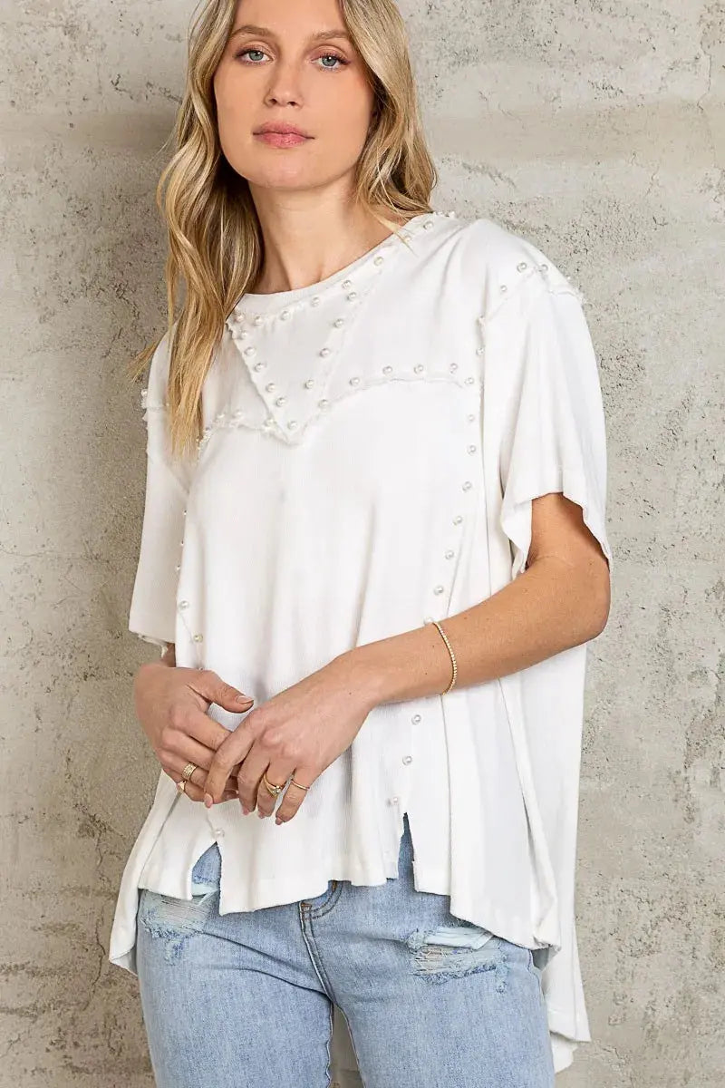 Women’s Oversize Half Sleeve Pearl Detail Ribbed Top