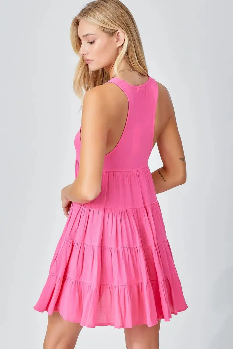 Pink Sleeveless Button Up Tiered V Neck Mini Dress