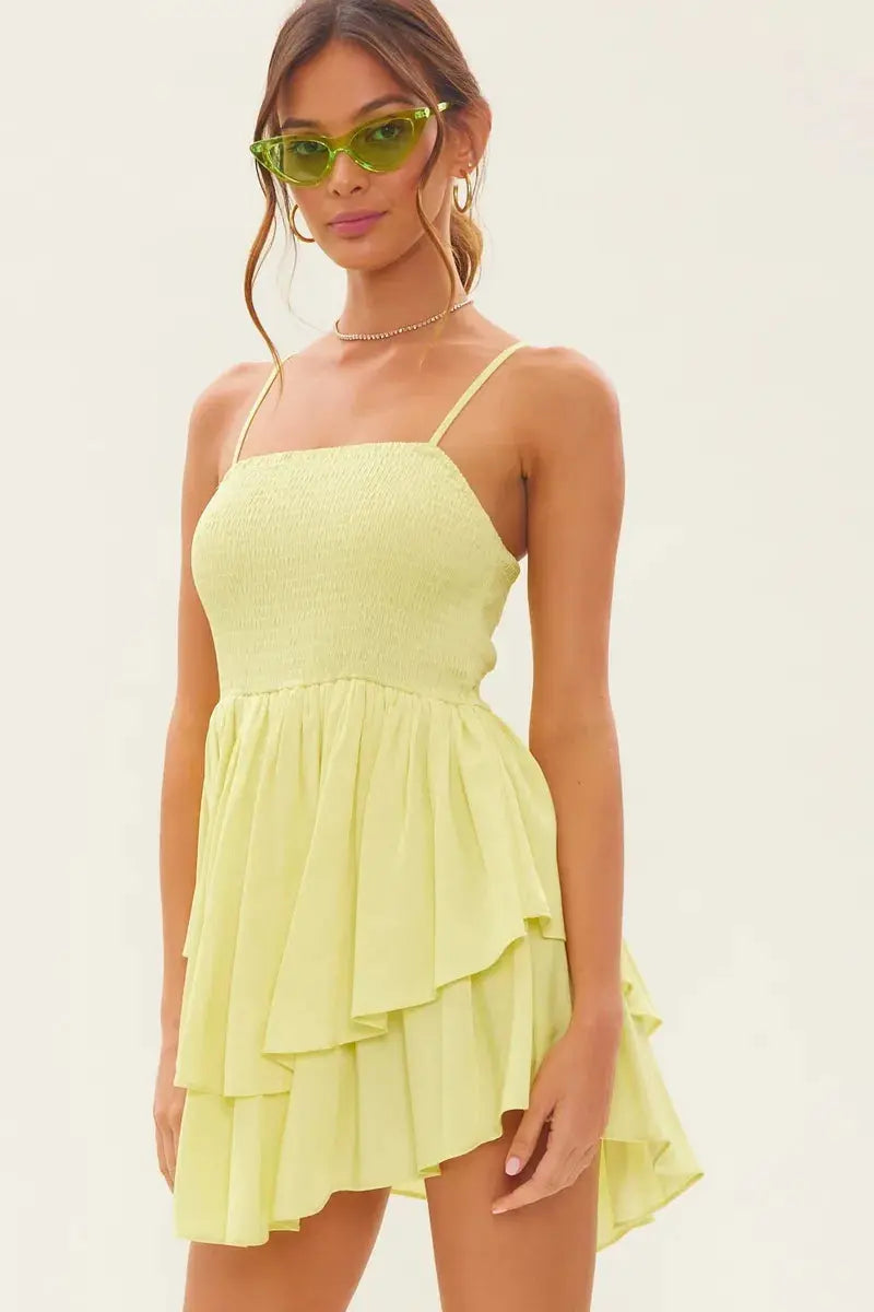 Women Yellow Sleeveless Flowy Ruffle Detailed Mini Dress