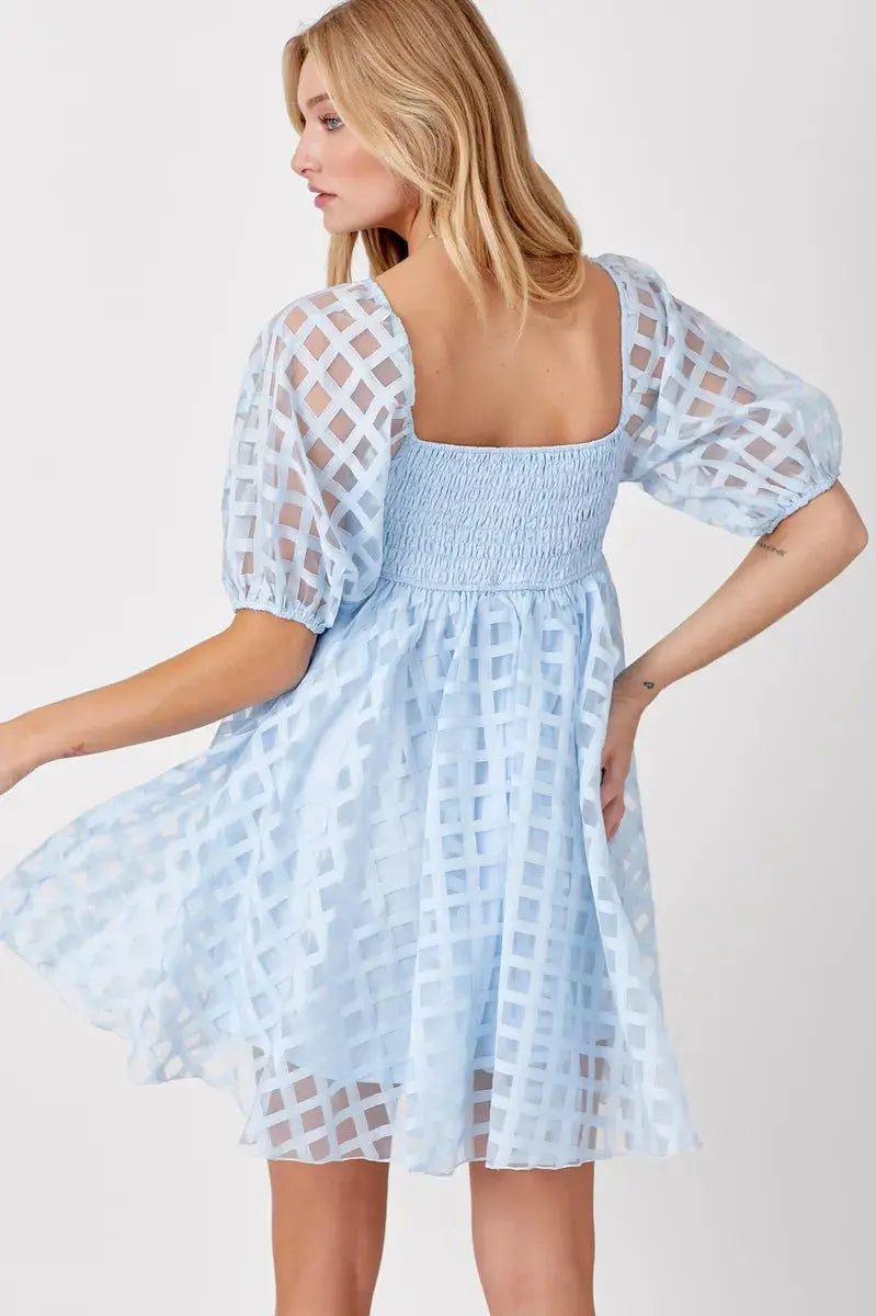 Baevely Baby Blue Checkered Puff Sleeve Mini Dress