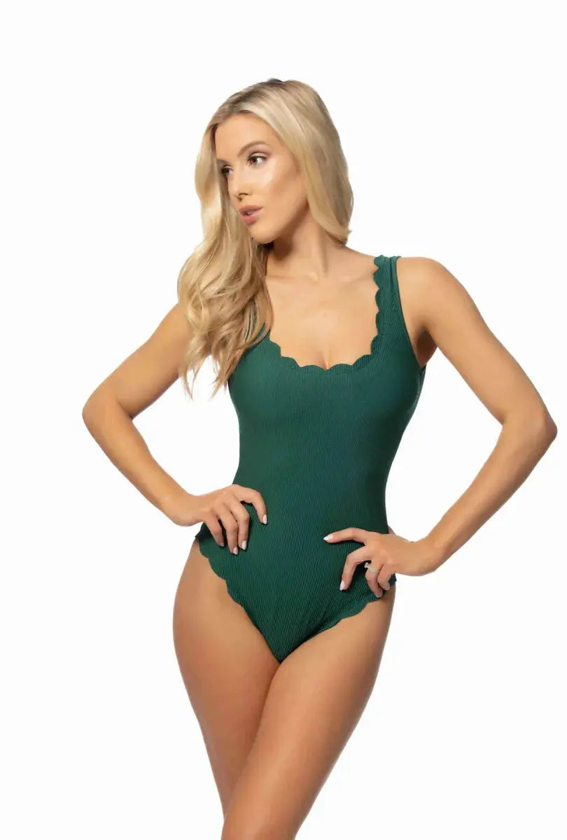 Solid Green Textures Scallop One Piece Swimsuit