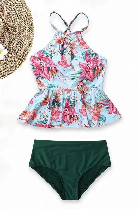 Women Floral High Neck Tankini Two Piece Swimwear With Padded Bra