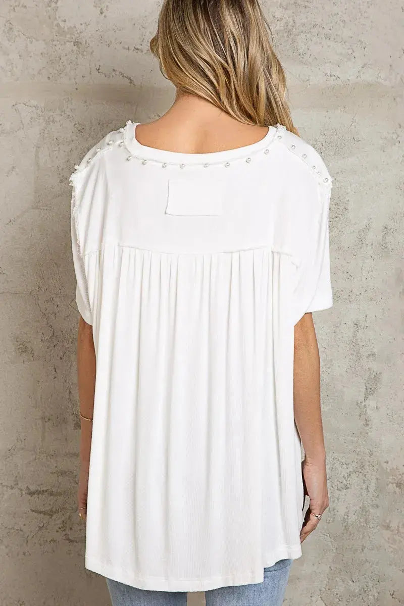 Women’s Oversize Half Sleeve Pearl Detail Ribbed Top