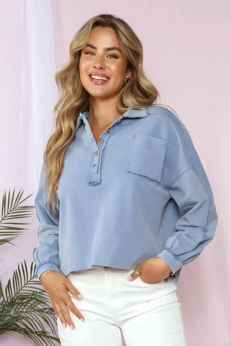 Washed Boxy Knit Quarter Button up Top