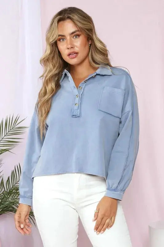 Washed Boxy Knit Quarter Button up Top