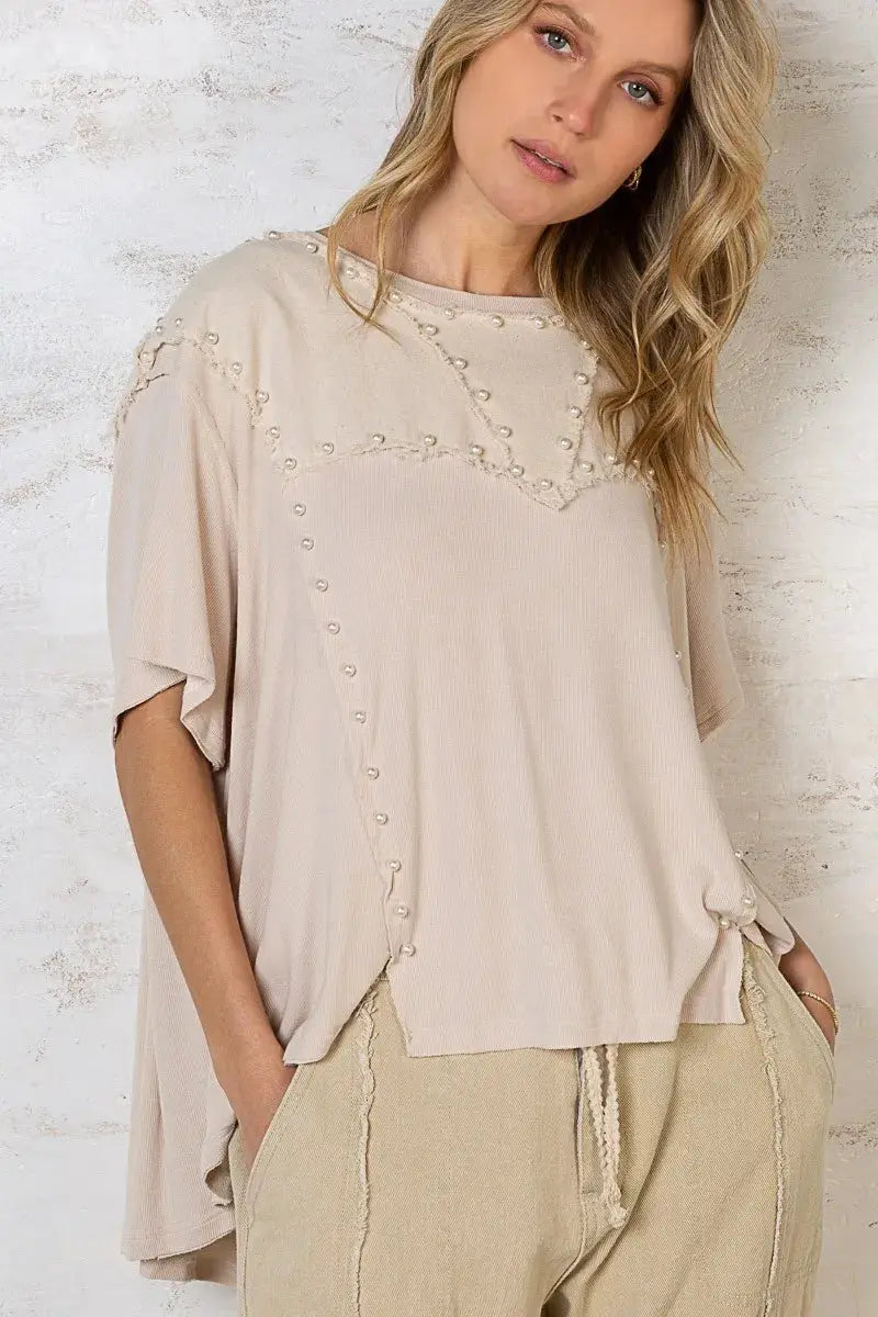 Women’s Oversize Half Sleeve Pearl Detail Ribbed Top