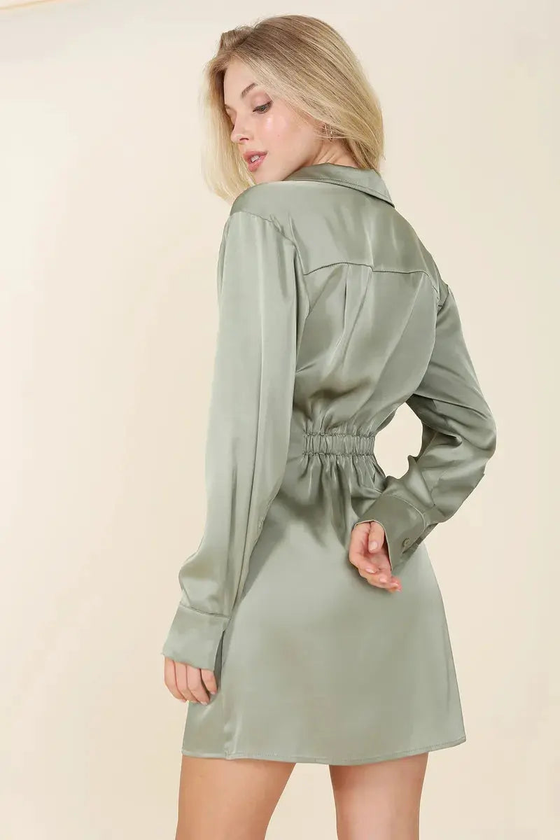 Outlet Satin Collared Wrap Long Sleeve Mini Dress