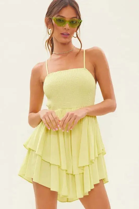 Women Yellow Sleeveless Flowy Ruffle Detailed Mini Dress