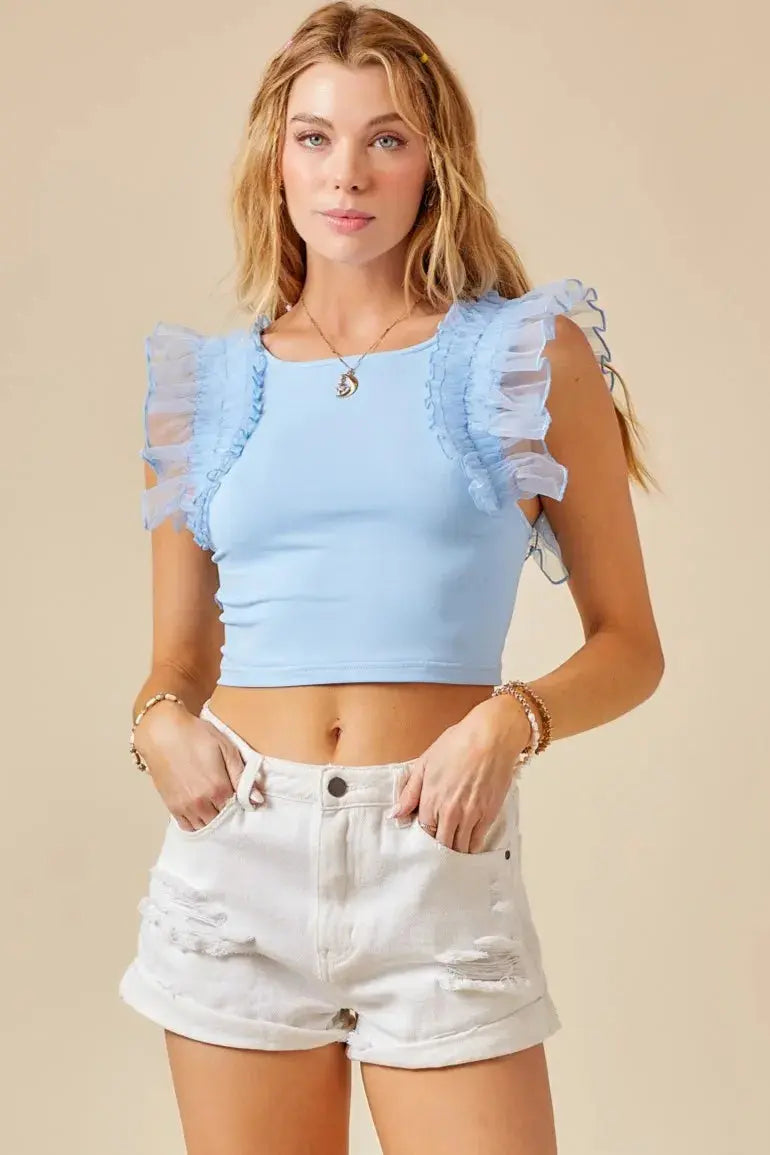 Smooth Organza Ruffle Sleeve Cropped Top