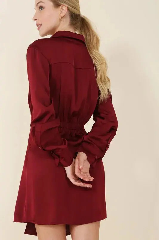 Outlet Satin Collared Wrap Long Sleeve Mini Dress