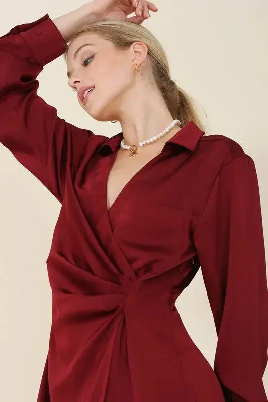 Outlet Satin Collared Wrap Long Sleeve Mini Dress