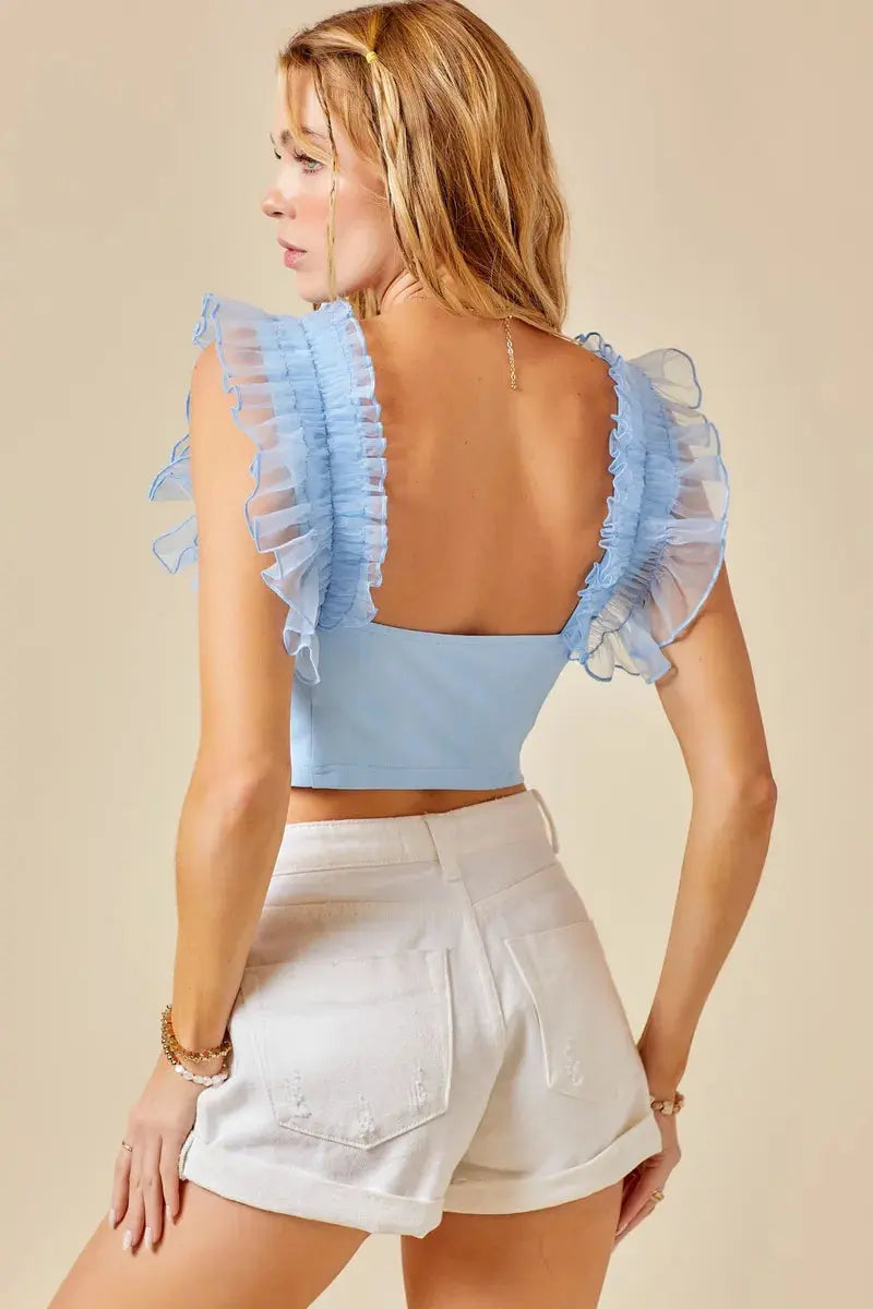 Smooth Organza Ruffle Sleeve Cropped Top