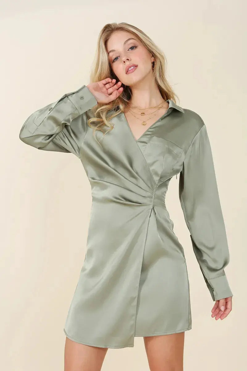 Outlet Satin Collared Wrap Long Sleeve Mini Dress