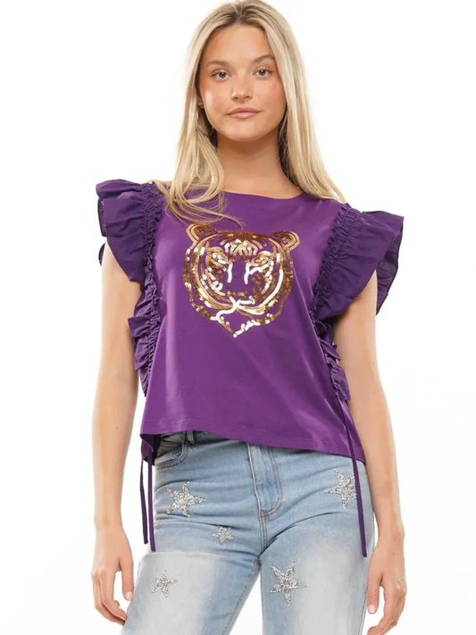 Women Ruffle Sleeve Sequin Tiger Top