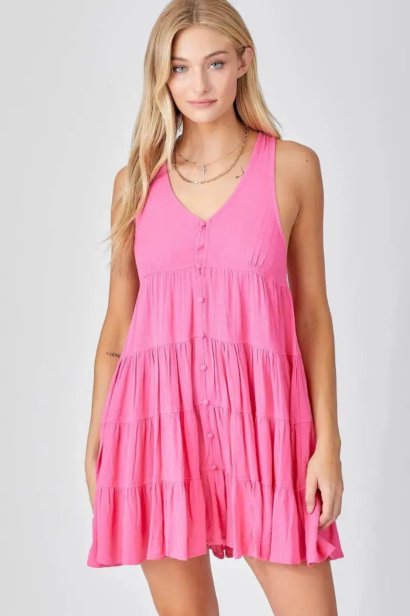 Pink Sleeveless Button Up Tiered V Neck Mini Dress