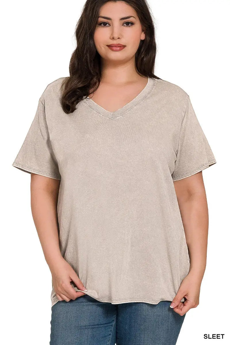 WASHED SHORT SLEEVE V-NECK TOP zenana