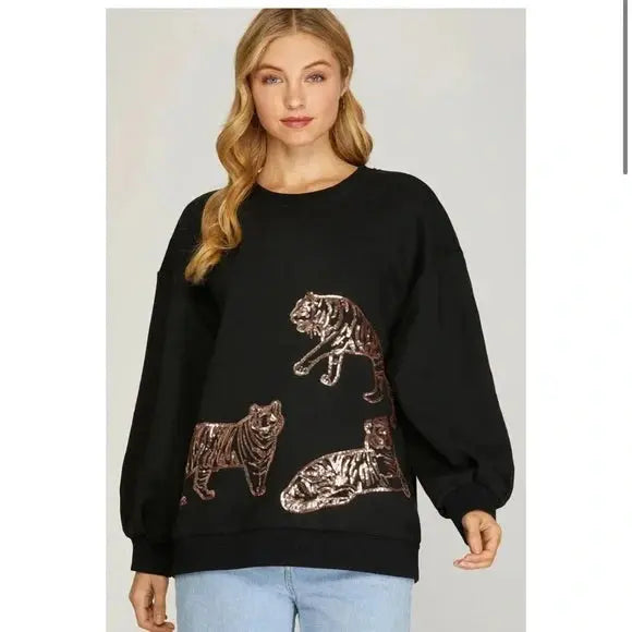 Long Sleeve Tiger Sequined Inside Brushed Knit Top