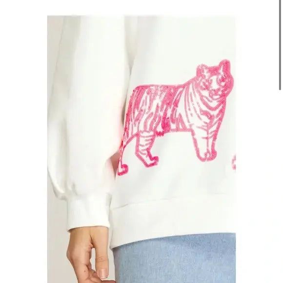 Long Sleeve Tiger Sequined Inside Brushed Knit Top