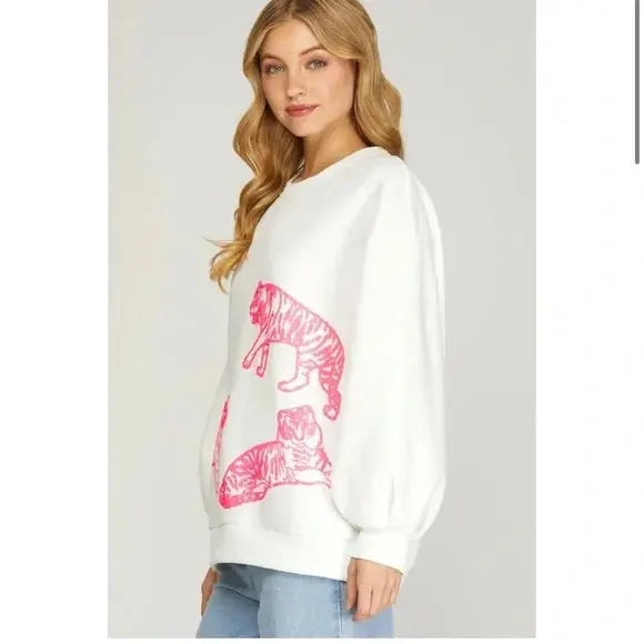 Long Sleeve Tiger Sequined Inside Brushed Knit Top