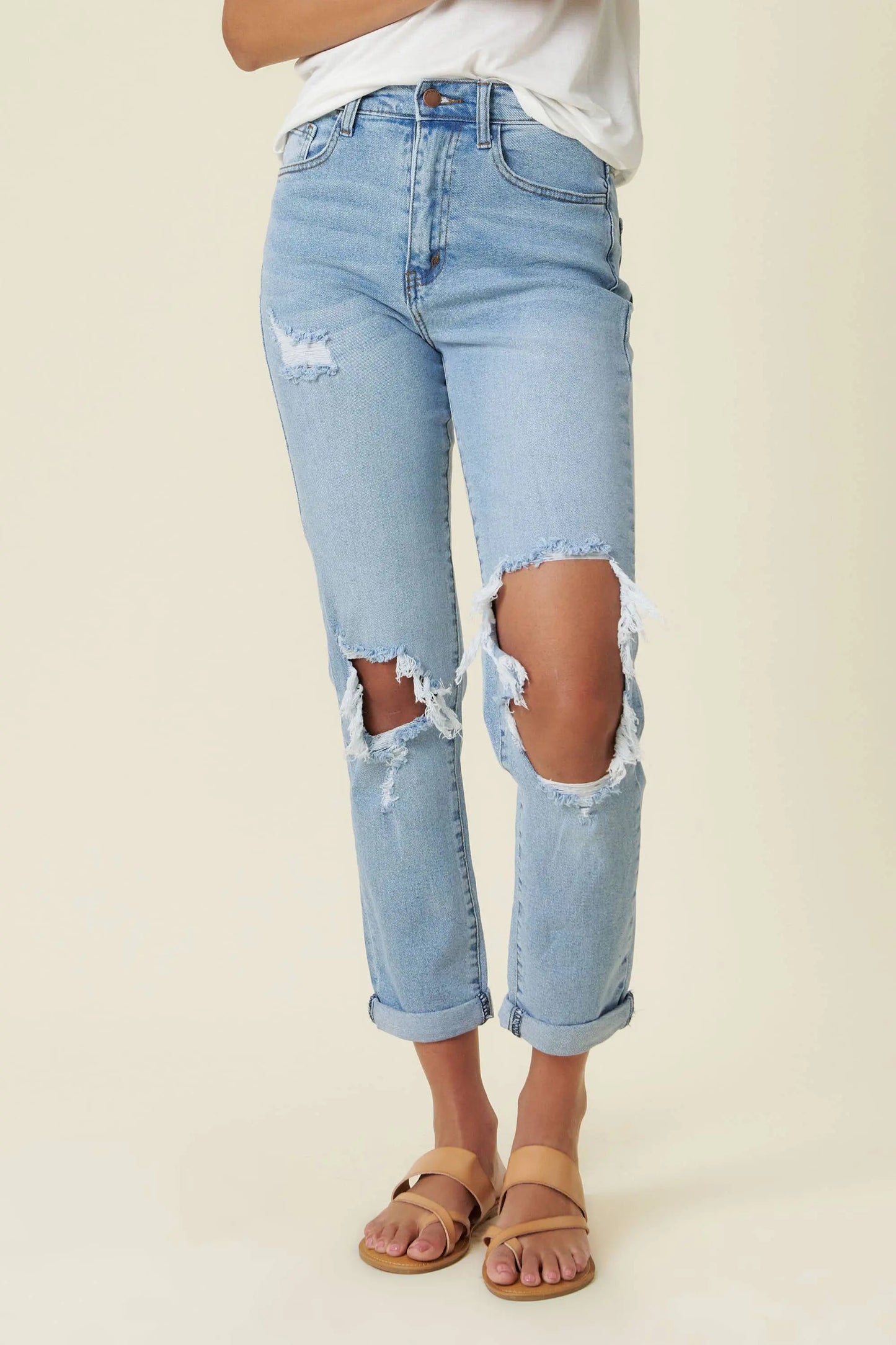 Vibrant MIU High Rise Distressed Light Wash All to Me Mom Denim Jeans