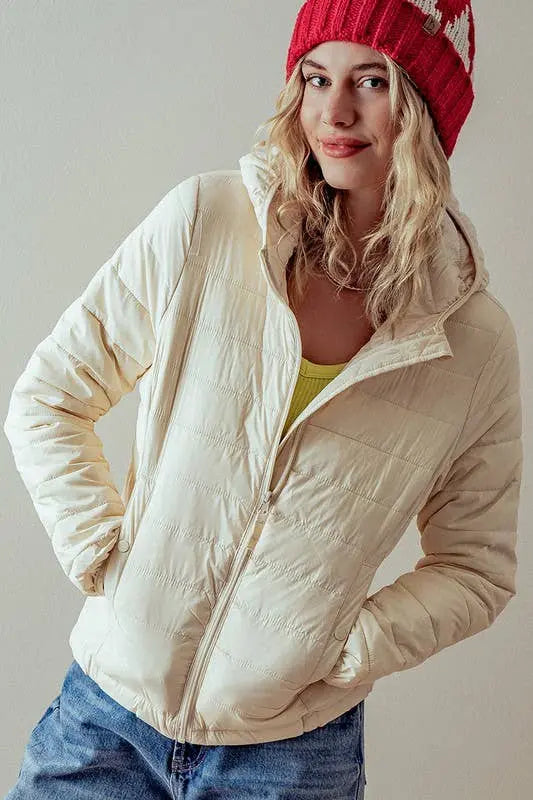 Cream Nylon Hooded Zip Up Quilted Puff Jacket